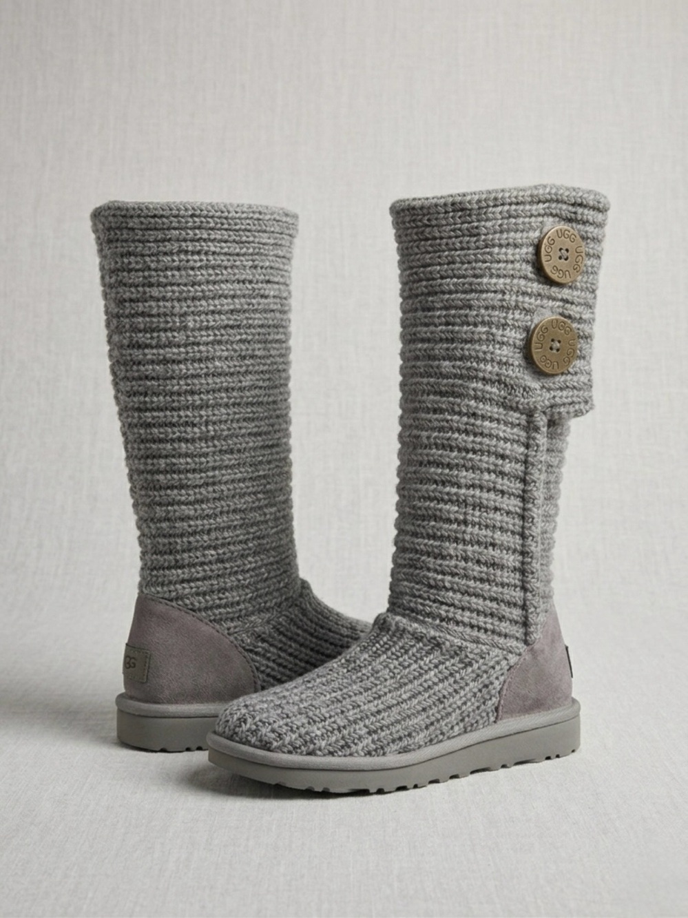 UGG Women's Gray Knit Button Tall Boots with Suede Heel
